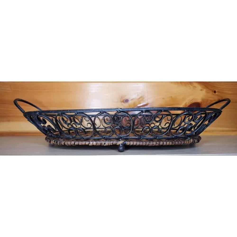 Metal and Wicker Serving Tray with Handles Distressed Farmhouse Decor Basket